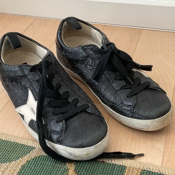 Golden Goose Black Leather Sneakers with White Star Accent - Picture 2 of 4